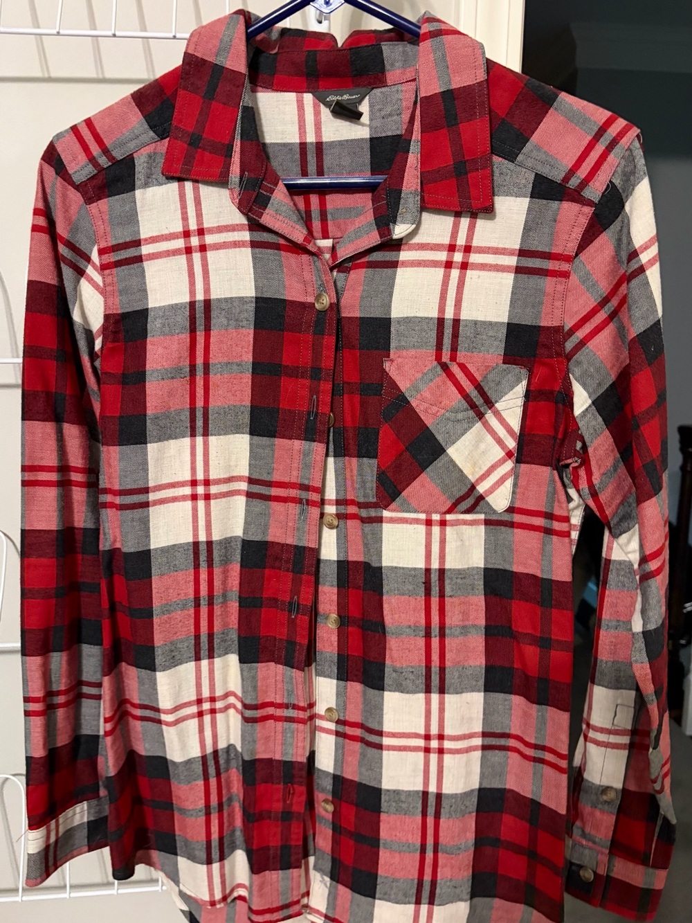 Eddie Bauer Red, Black & White Plaid Button-Down Shirt